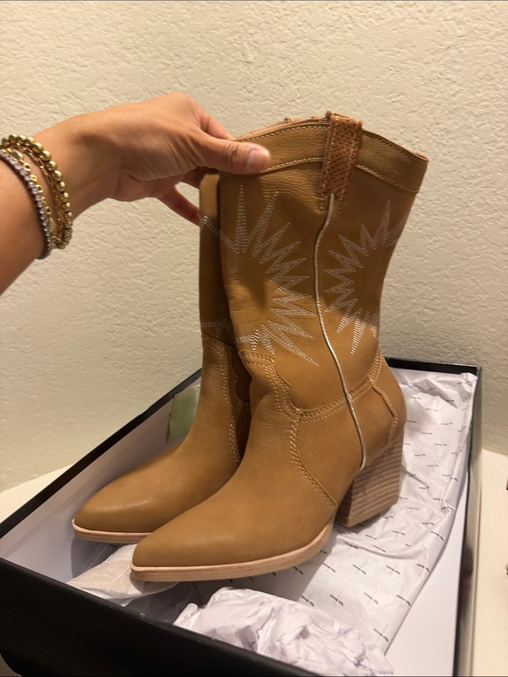 Dolce Vita Tan Western-Styled Ankle Boots with Embroidered Detail
